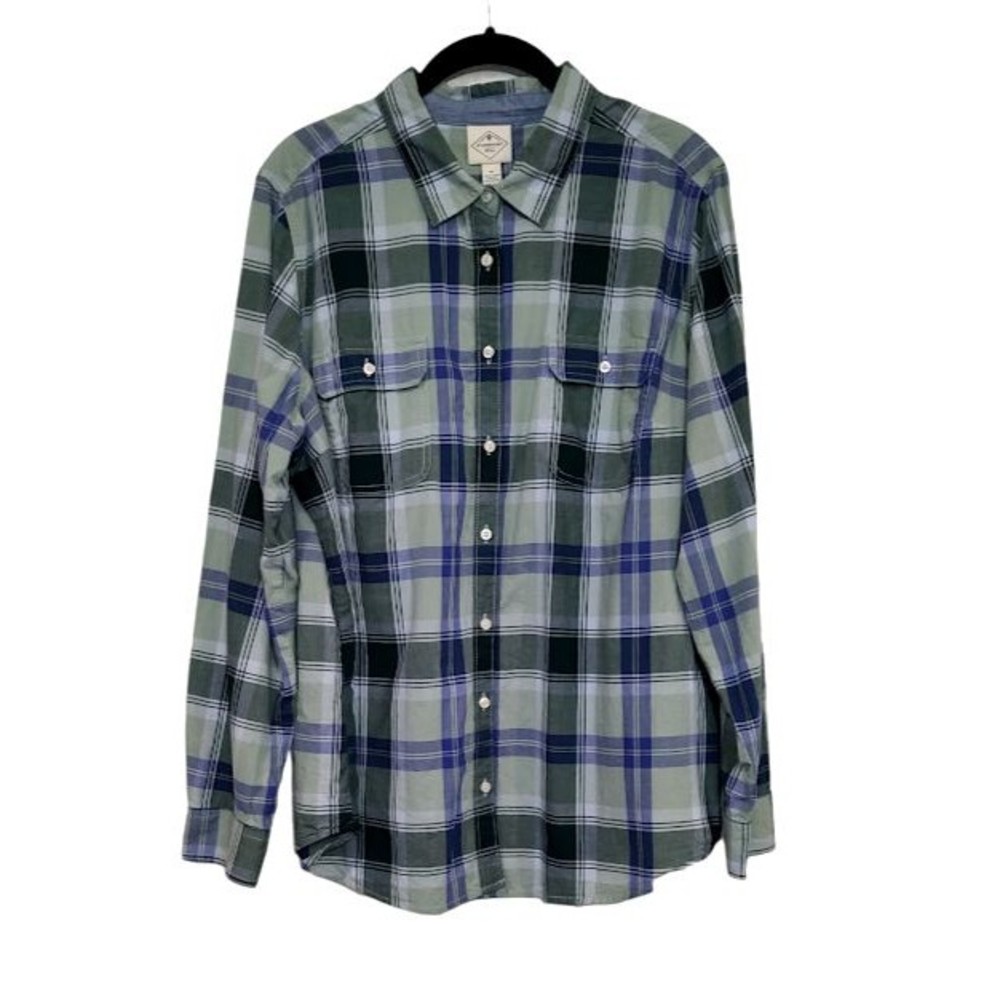 St. Johns Bay Button Up Long Sleeve Lightweight Plaid Shirt Size XL Blue & Green